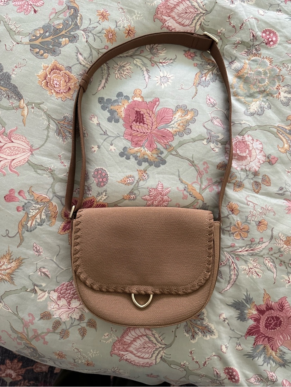 Rothy's Tan Crossbody Saddle Bag with Braided Edge